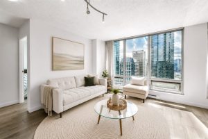 Bright living room with city views – 3304 Residences on Georgia West End Vancouver condo for sale
